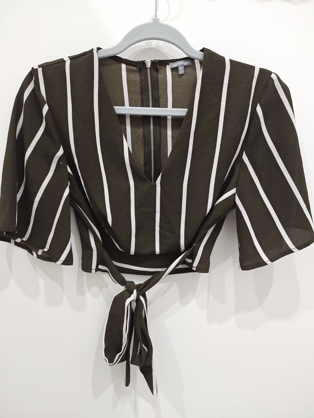 Charlotte Russe Brown and White Striped Tie-Front Crop Top